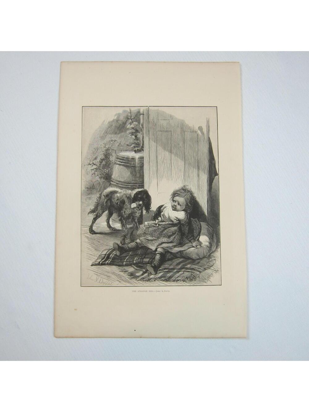 Antique 1873 Wood Engraving Print The Strange Dog by John S. Davis, The Aldine